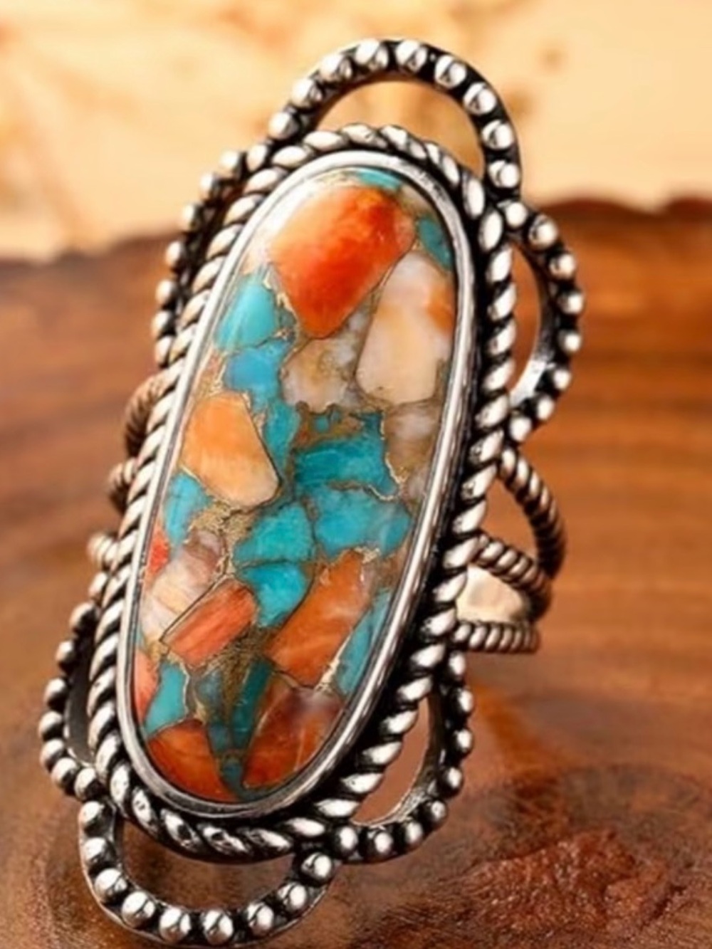 Oval Multicolor Stone Silver-Detail Statement Ring - Women Jewelry